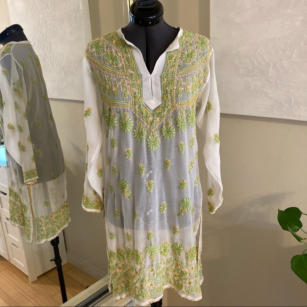 Embroidered white chiffon tunic